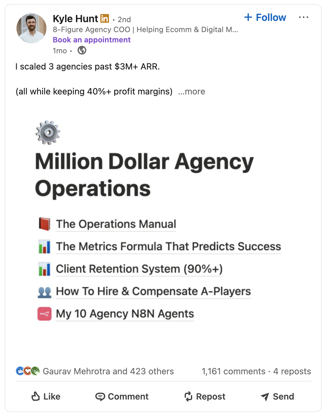 Kyle Hunt's LinkedIn post and engagement