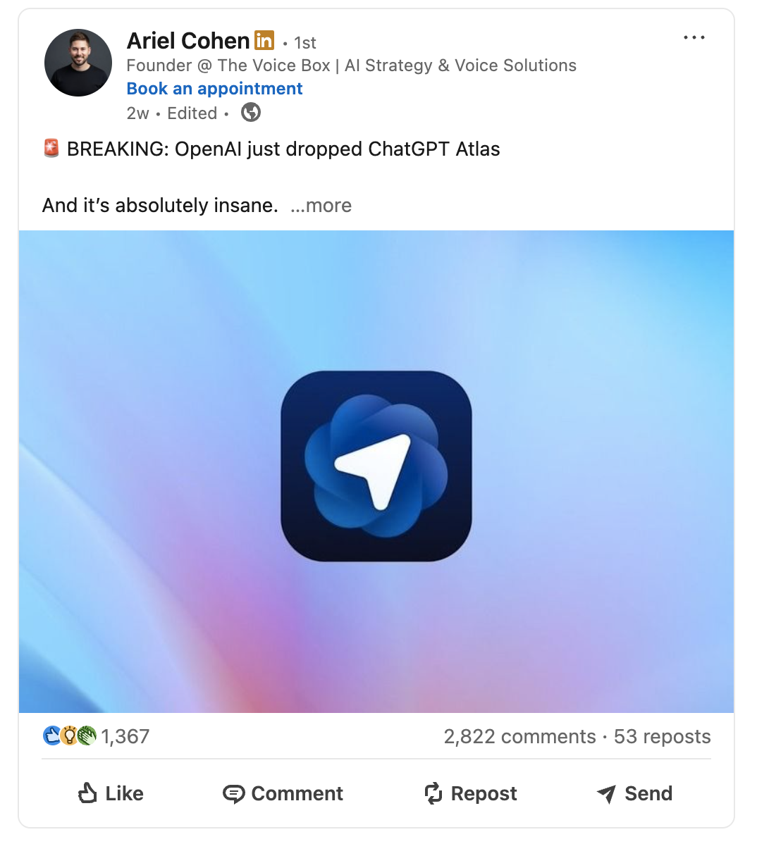 Ariel Cohen's LinkedIn post and engagement