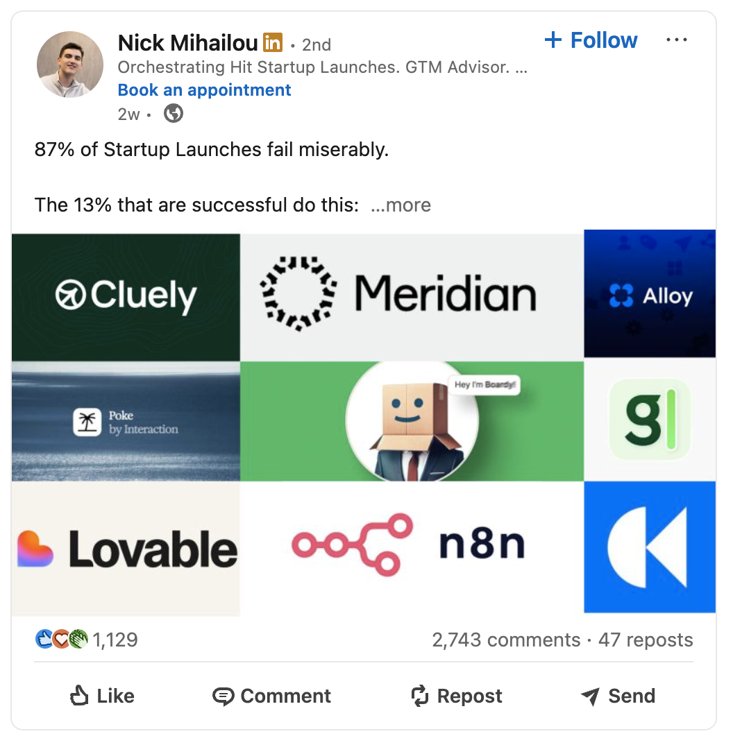 Nick Mihailou's LinkedIn post and engagement